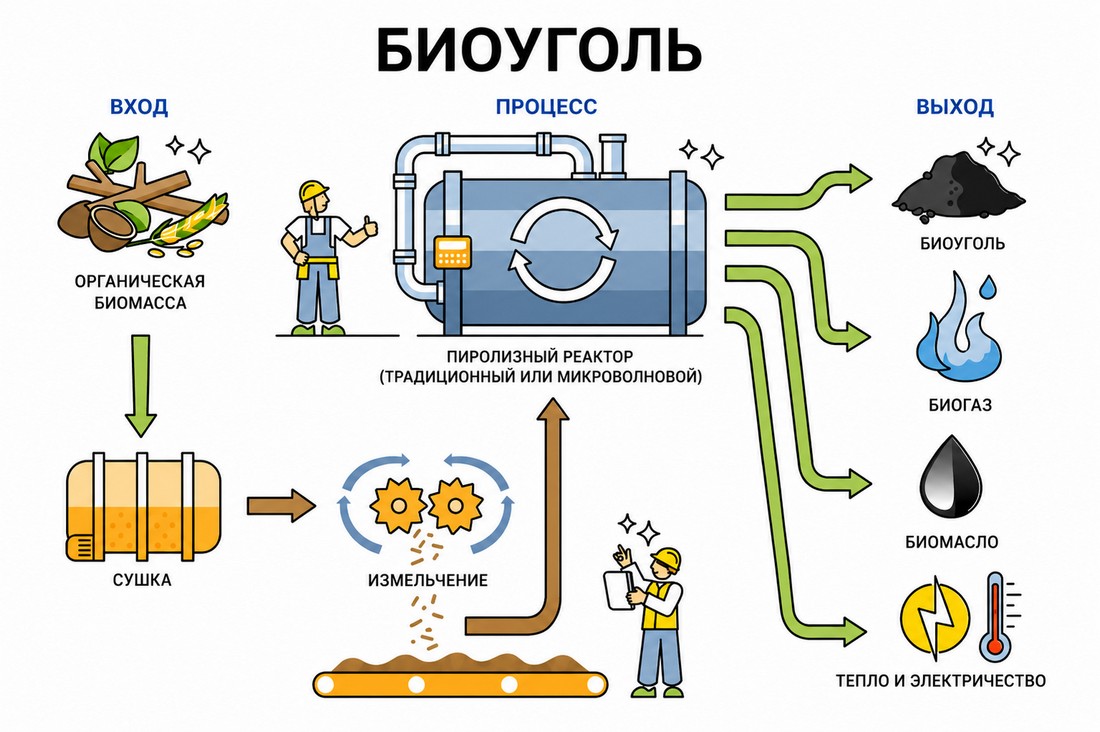cхема процесса получения биочара из органической биомассы с этапами сушки, измельчения, пиролиза в реакторе и выходом биоугля, биогаза, биомасла, тепла и электричества